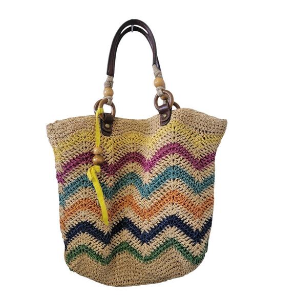 Fossil Handbags - Vintage Fossil Woven Natural Straw Leather Tote Bag Purse Y2K 2000's Boho Wicker